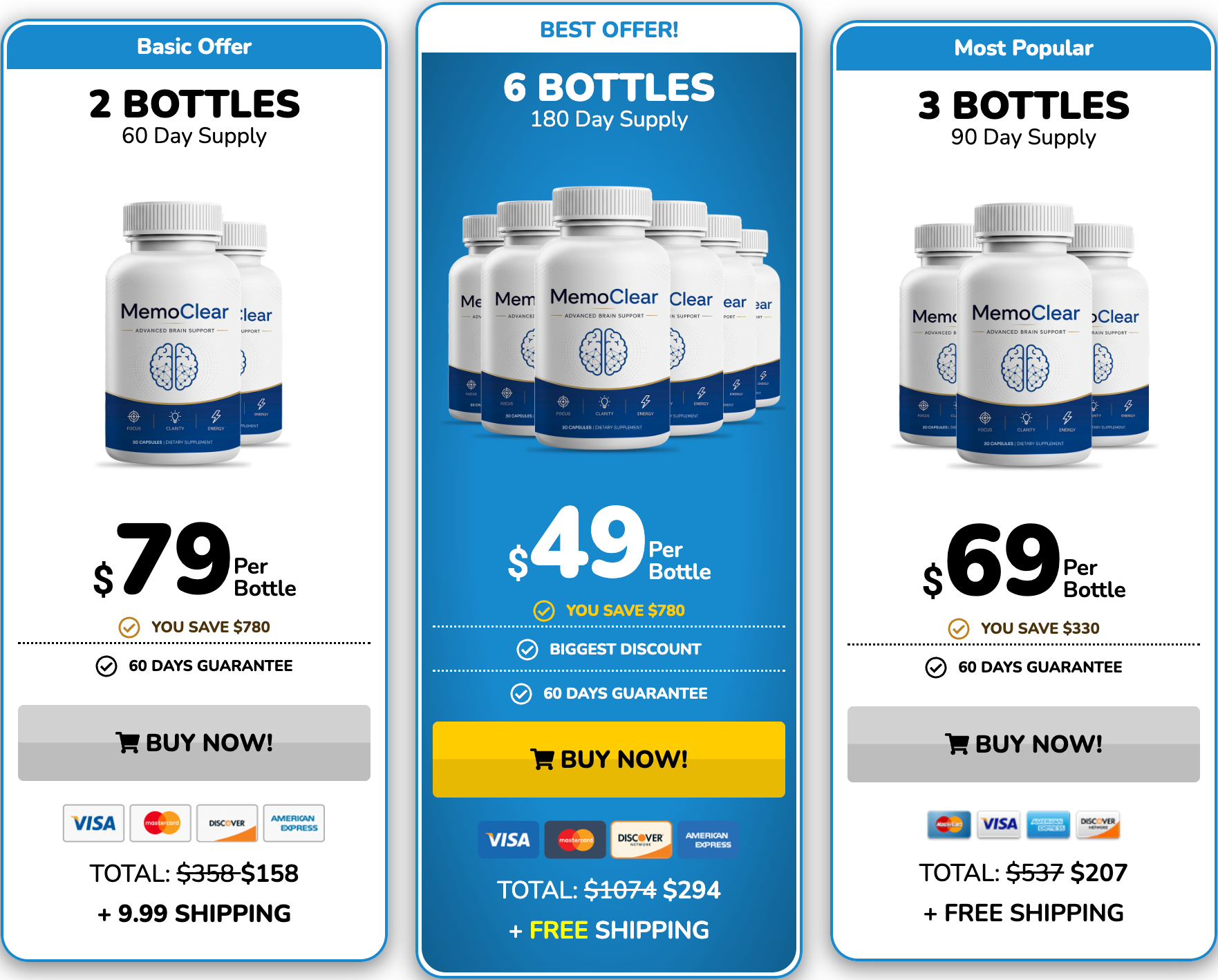 MemoClear pricing — 2, 3 and 6 bottle packages